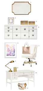 Clean and chic gold and white furniture and decor for my home office.| www.chicandsugar.com